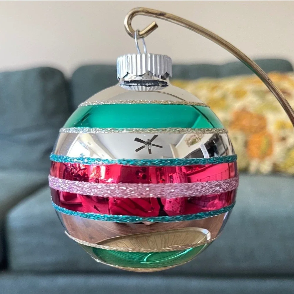 Radko‎ Shiny Brite Glitter Striped Ornament Indent Ball Pink Teal blue Silver XL